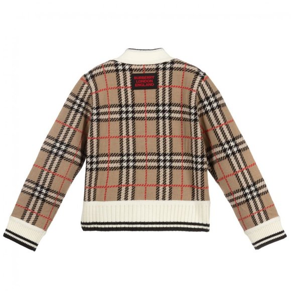 KIDS CHECK & LEOPARD MERINO WOOL JACQUARD CARDIGAN 7/8Y - Picture 2 of 10